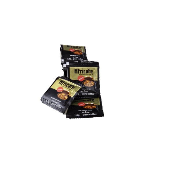 Africafe Instant Kaffee Beutel in brauner Verpackung